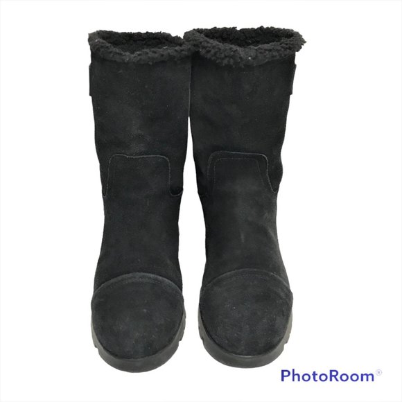 SAM EDELMAN Boots Women 8M/38 Fleece Lined Black Leather Mid Calf Pull On Wedge - Picture 2 of 11